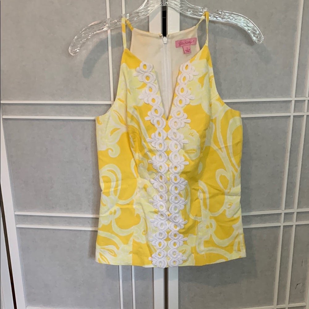Lilly Pulitzer Yellow and White Embellished Fitted Tank Top